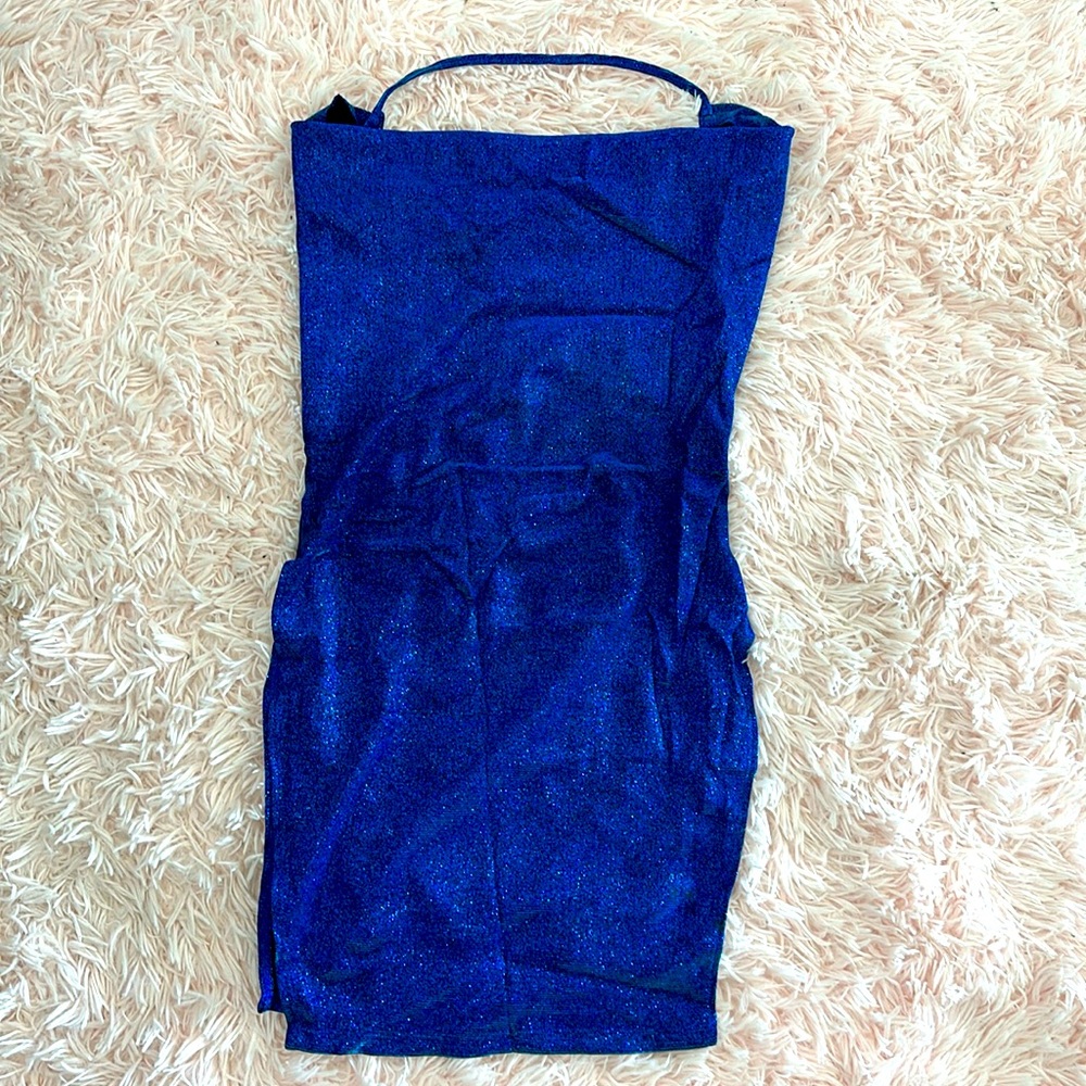 Draped Backless Split Hem Metallic Halter Dress